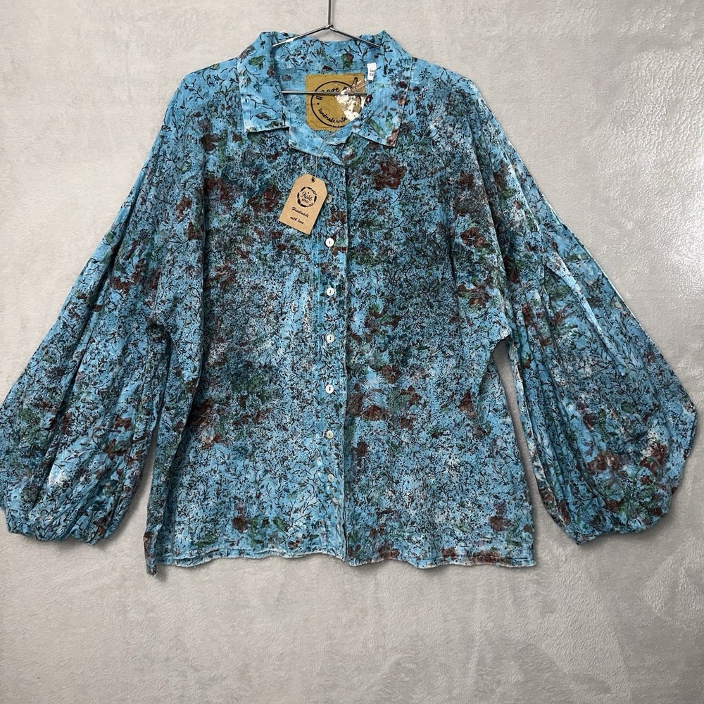 New A Rare Bird Top Oversized Turquoise Distressed One Size Puff Sleeve Eyelet